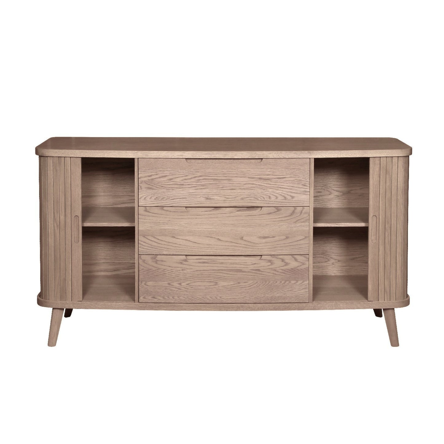 Grey oak sideboard with open doors on white background