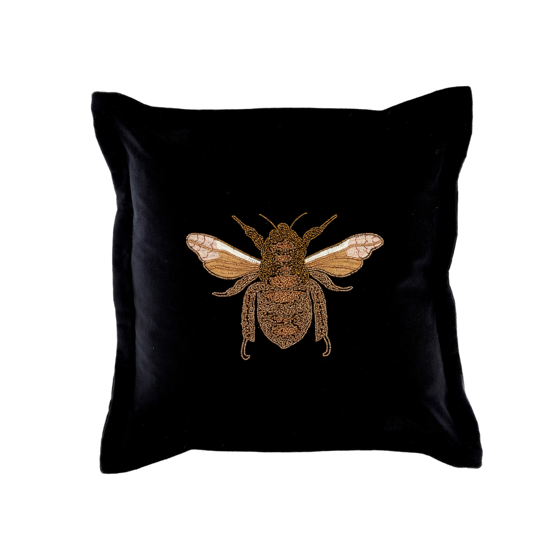 LILA BEE VELVET CUSHION BLACK / MUSTARD / GREEN