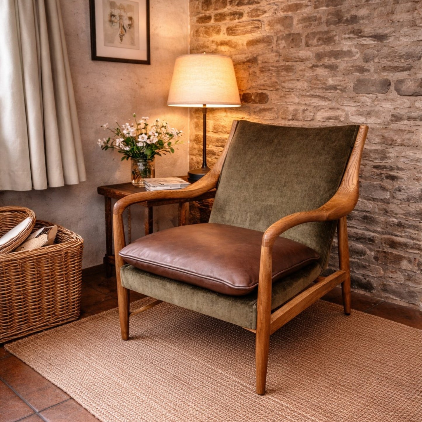 Cozy room with a wooden armchair, lamp, and decorative elements against a stone wall.