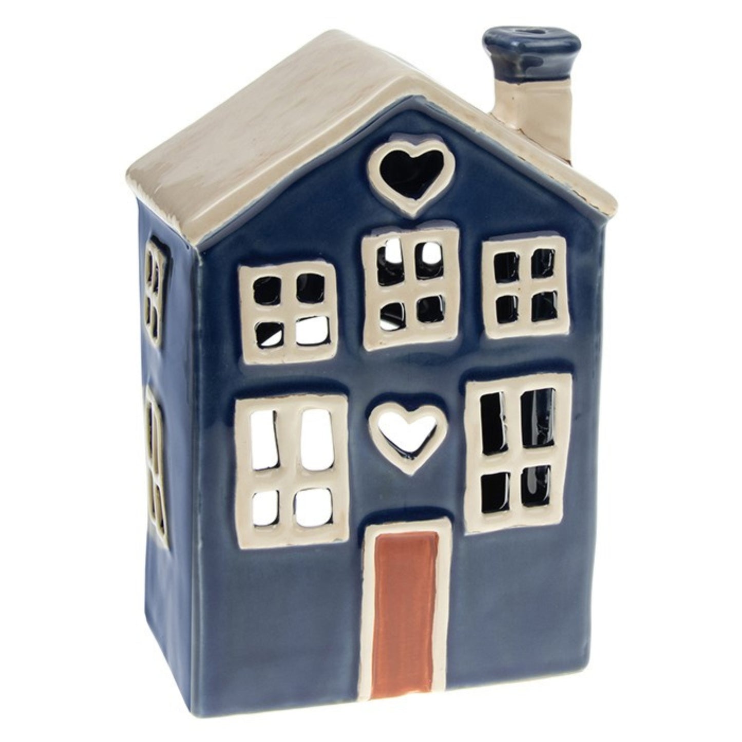 Ceramic house-shaped tea light lantern with heart windows on a white background