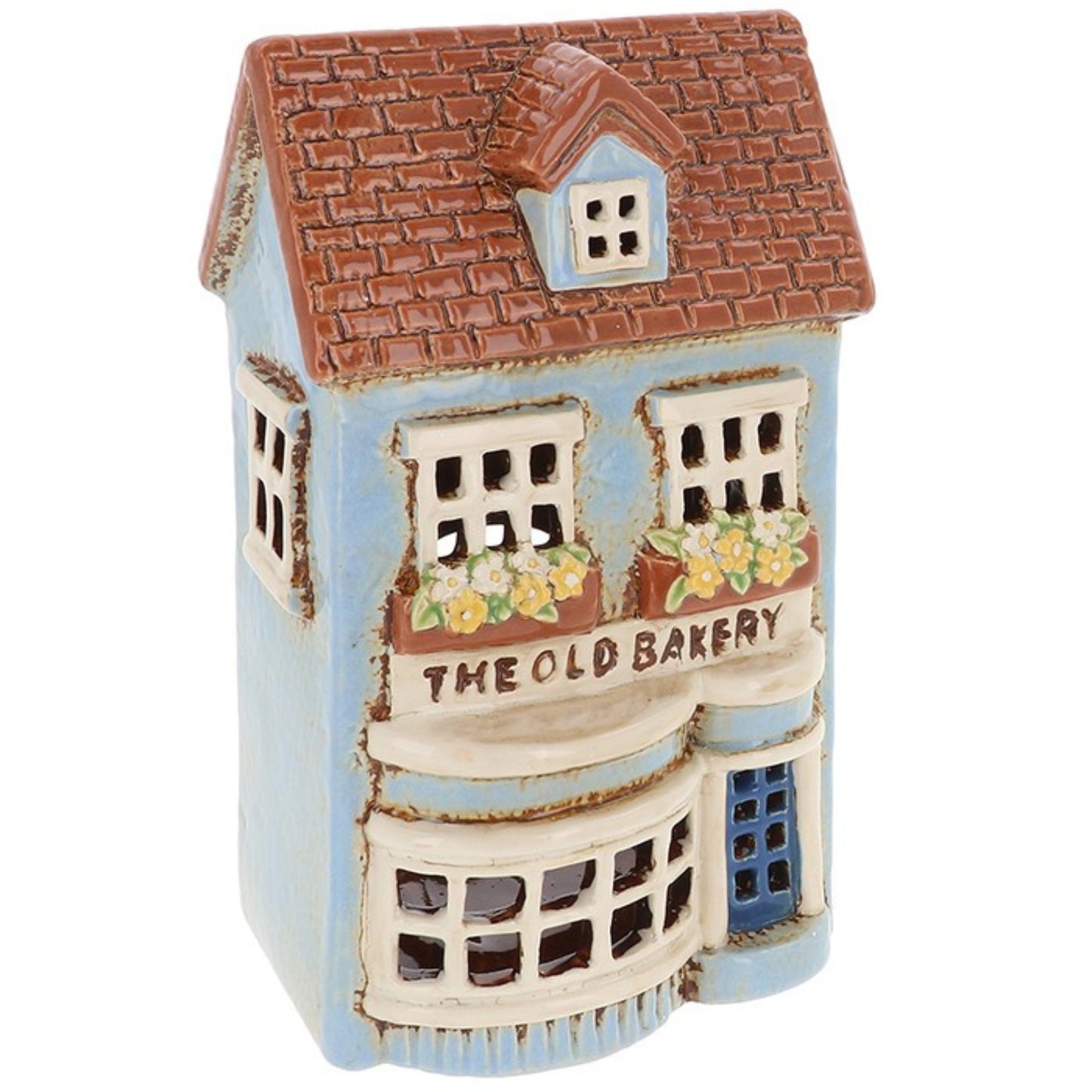 Decorative miniature model of a bakery building with 'The Old Bakery' sign on a white background.