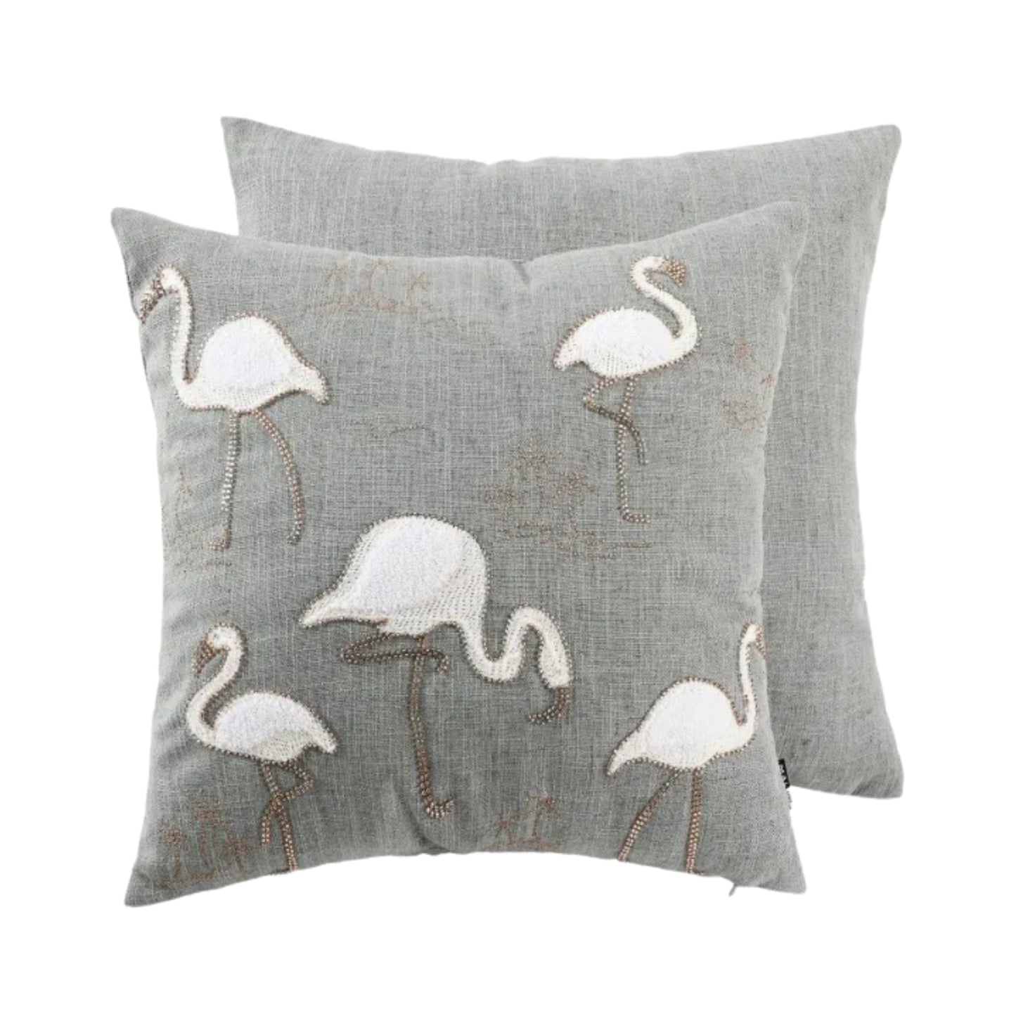 Two sage pillows with embroidered flamingo designs on a white background