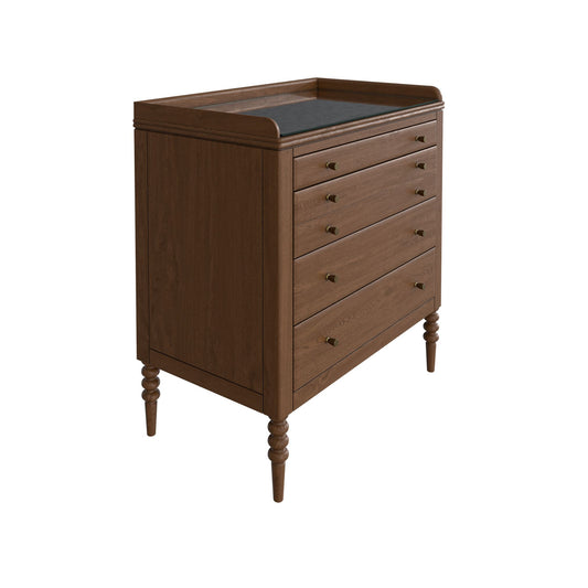 Wooden dresser with four drawers on a white background