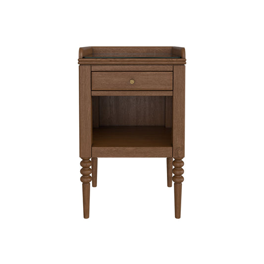 Wooden side table with a drawer on a white background
