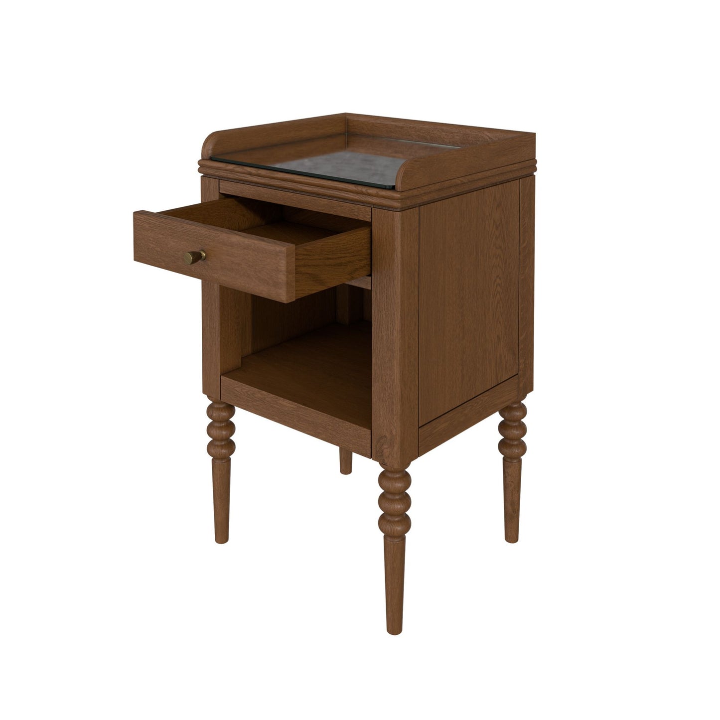 Wooden side table with a drawer on a white background