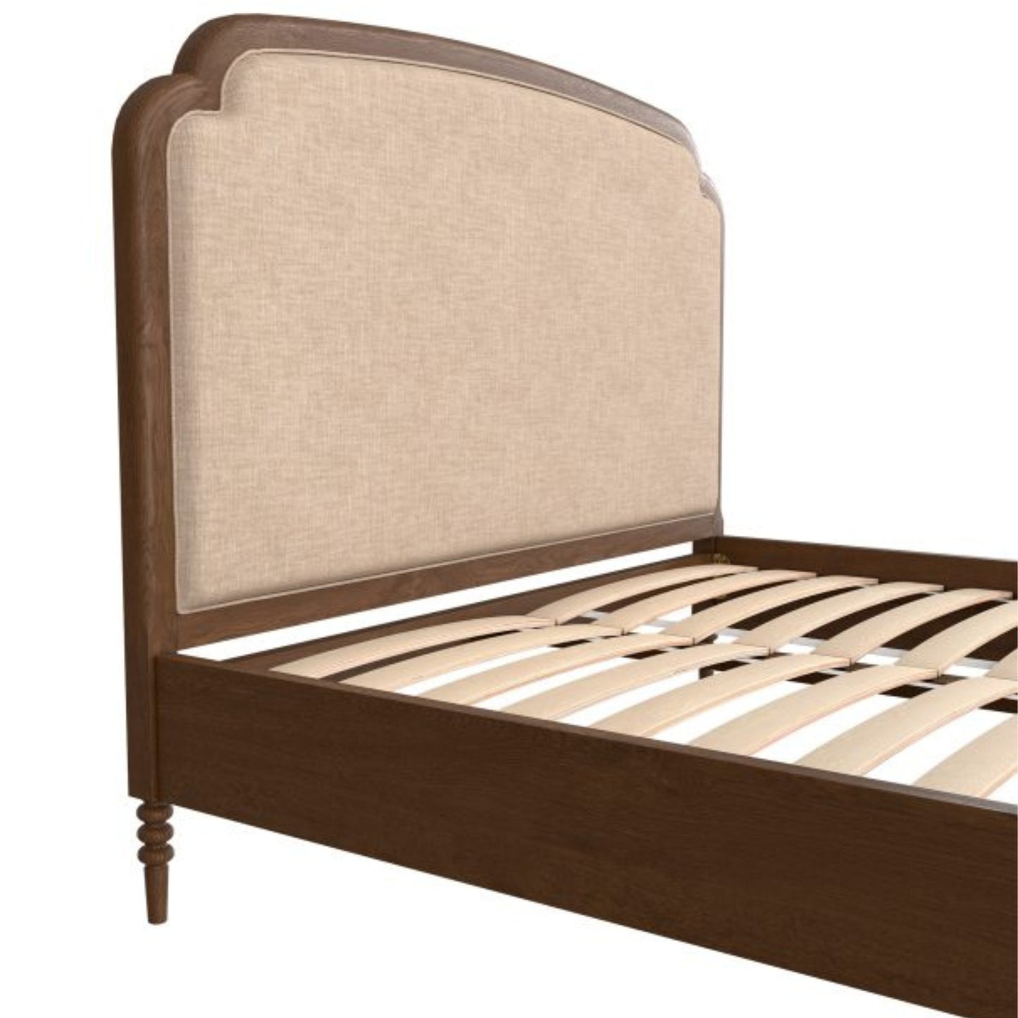 Wooden bed frame with a beige upholstered headboard on a white background