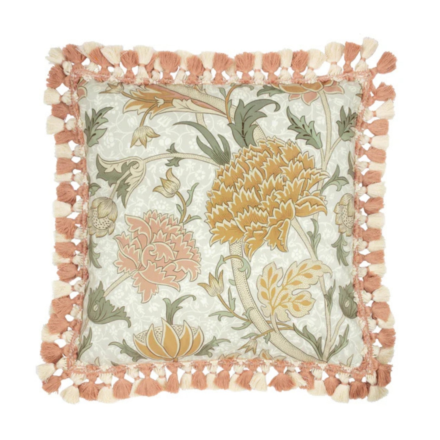 Decorative pillow with floral pattern and tassel trim on a white background