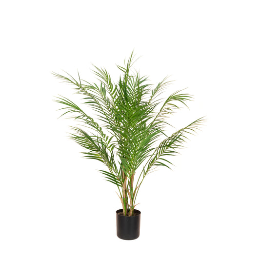 A faux areca palm plant with vibrant green leaves in a black pot, designed for indoor decoration.
