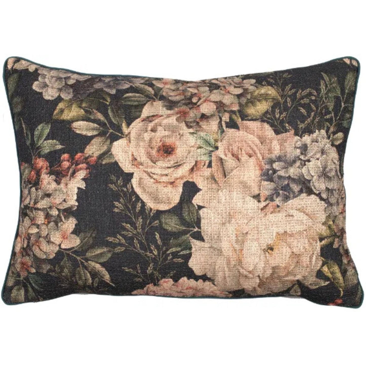 A rectangular floral linen cushion with a design of various flowers in shades of pink, cream, and green on a grey background.