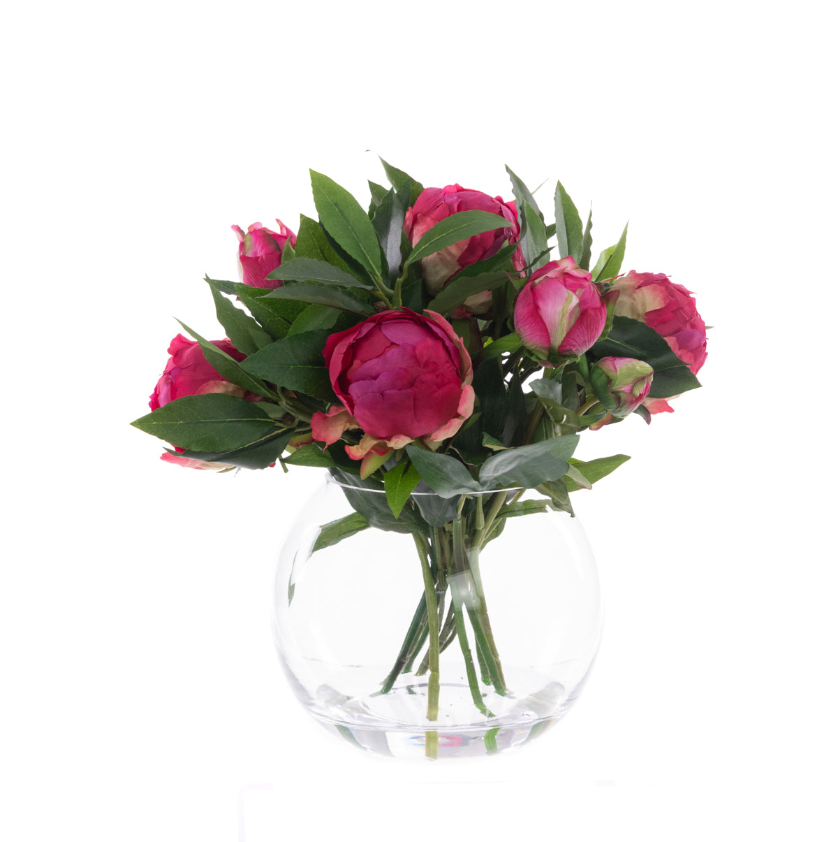 A bouquet of dark pink peonies arranged in a clear glass globe vase.