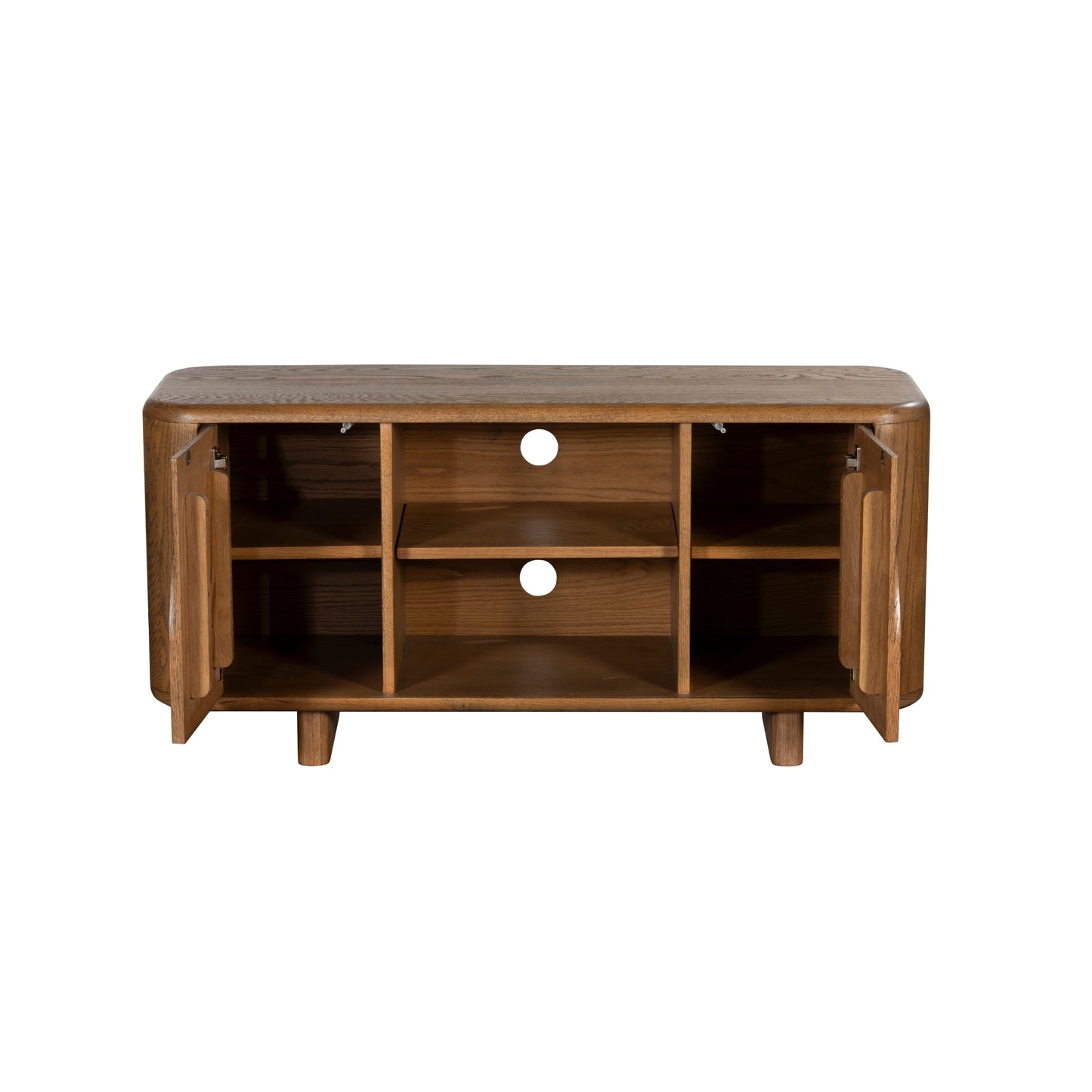 Oak tv unit with doors open on a white background