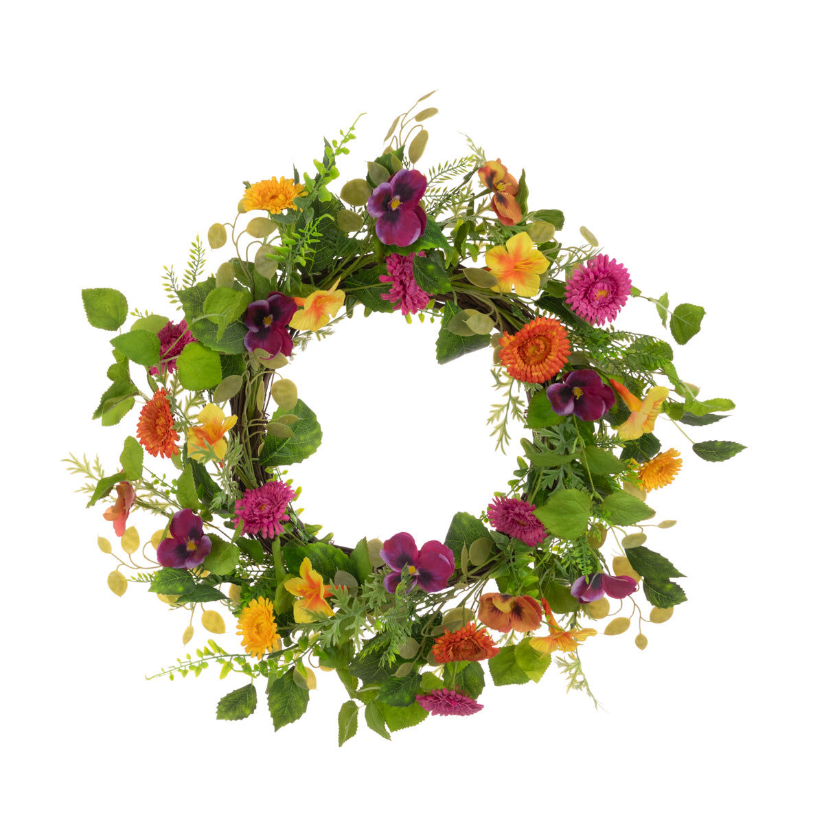 A colorful floral wreath made of pansies and daisies with green leaves.