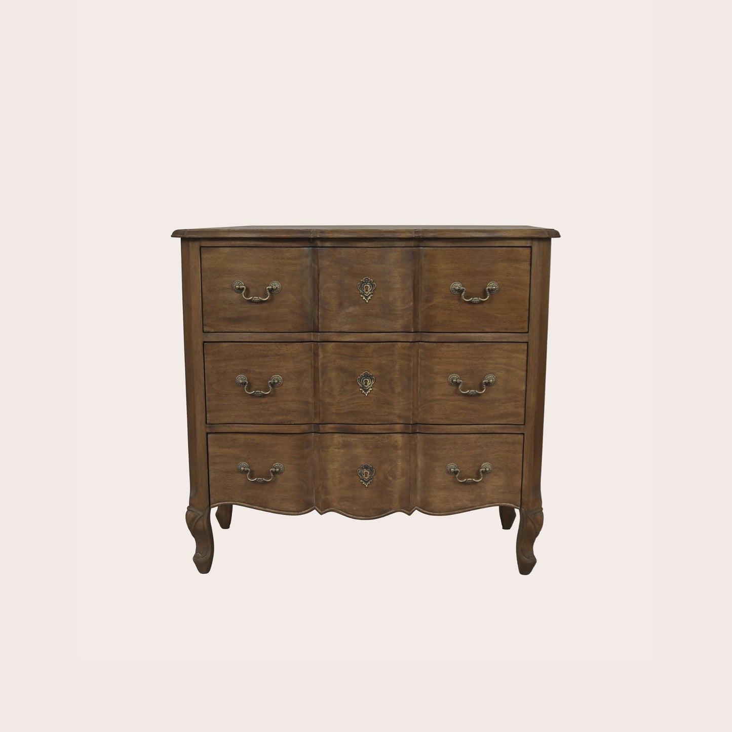 Front of walnut 3 drawer chest showing antique brass hardware