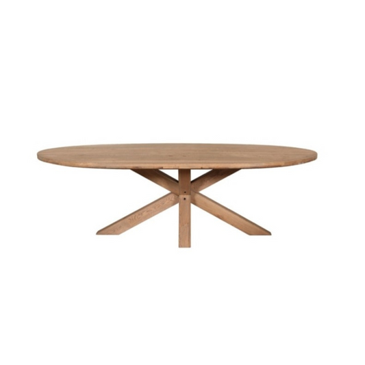 An oval-shaped solid wood oak dining table with double cross legs, displayed in a natural wood finish.