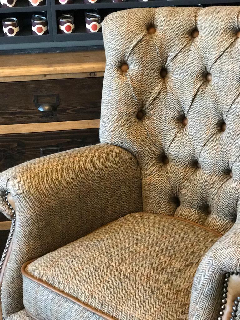 Button backed harris tweed armchair