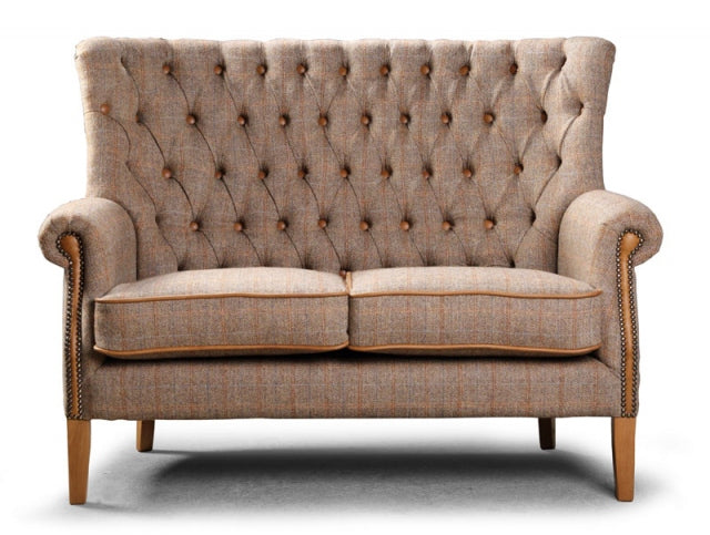 Button back hunting lodge tweed 2 seater on white background