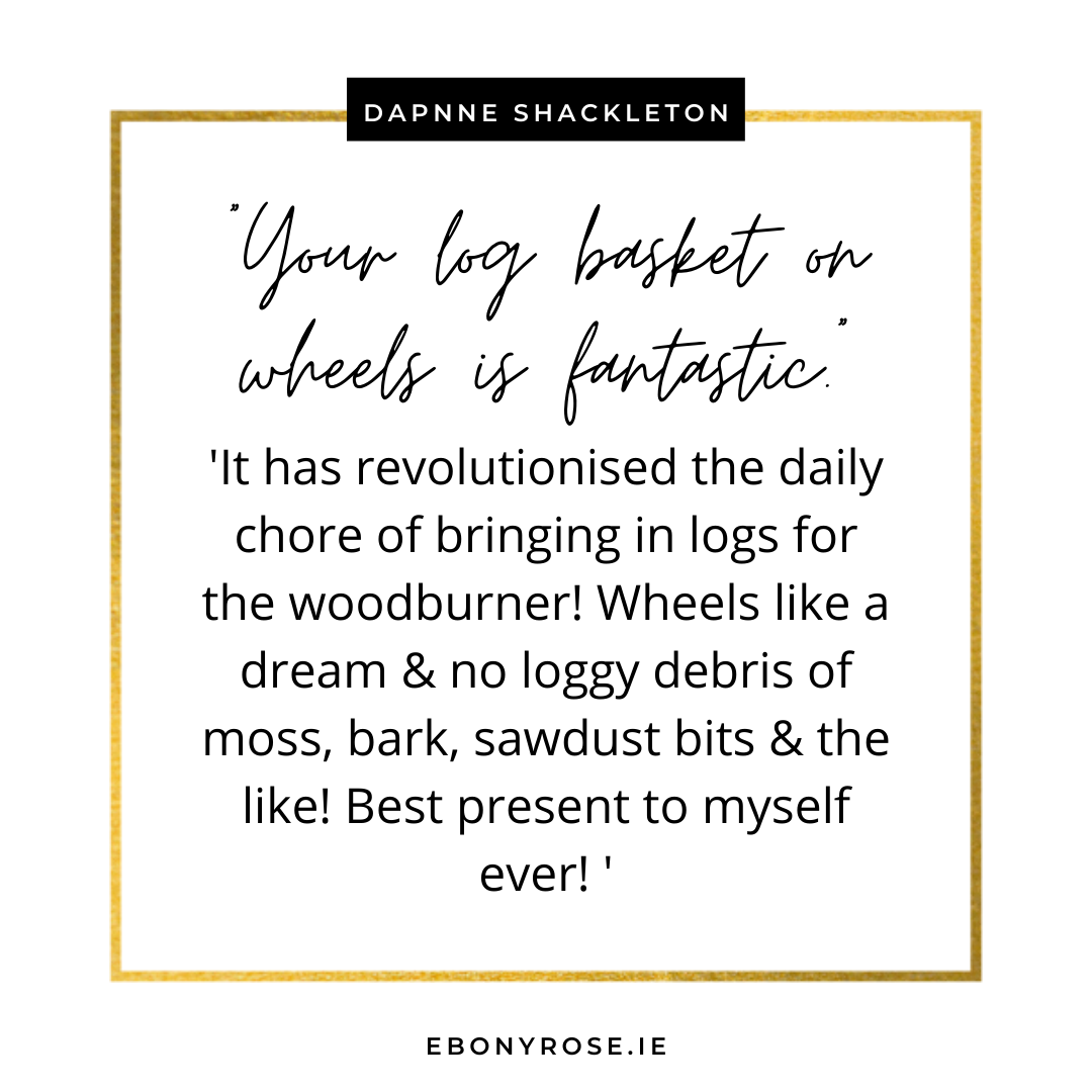 Customer review in black font framed in gold on a white background