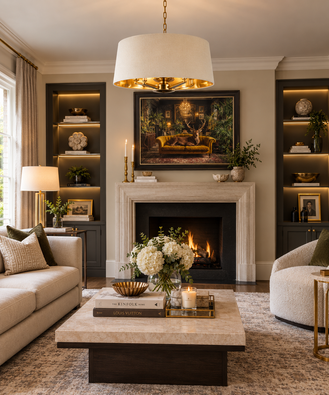 Living room with statement drum-shade chandelier and brass table lamp beside a fireplace