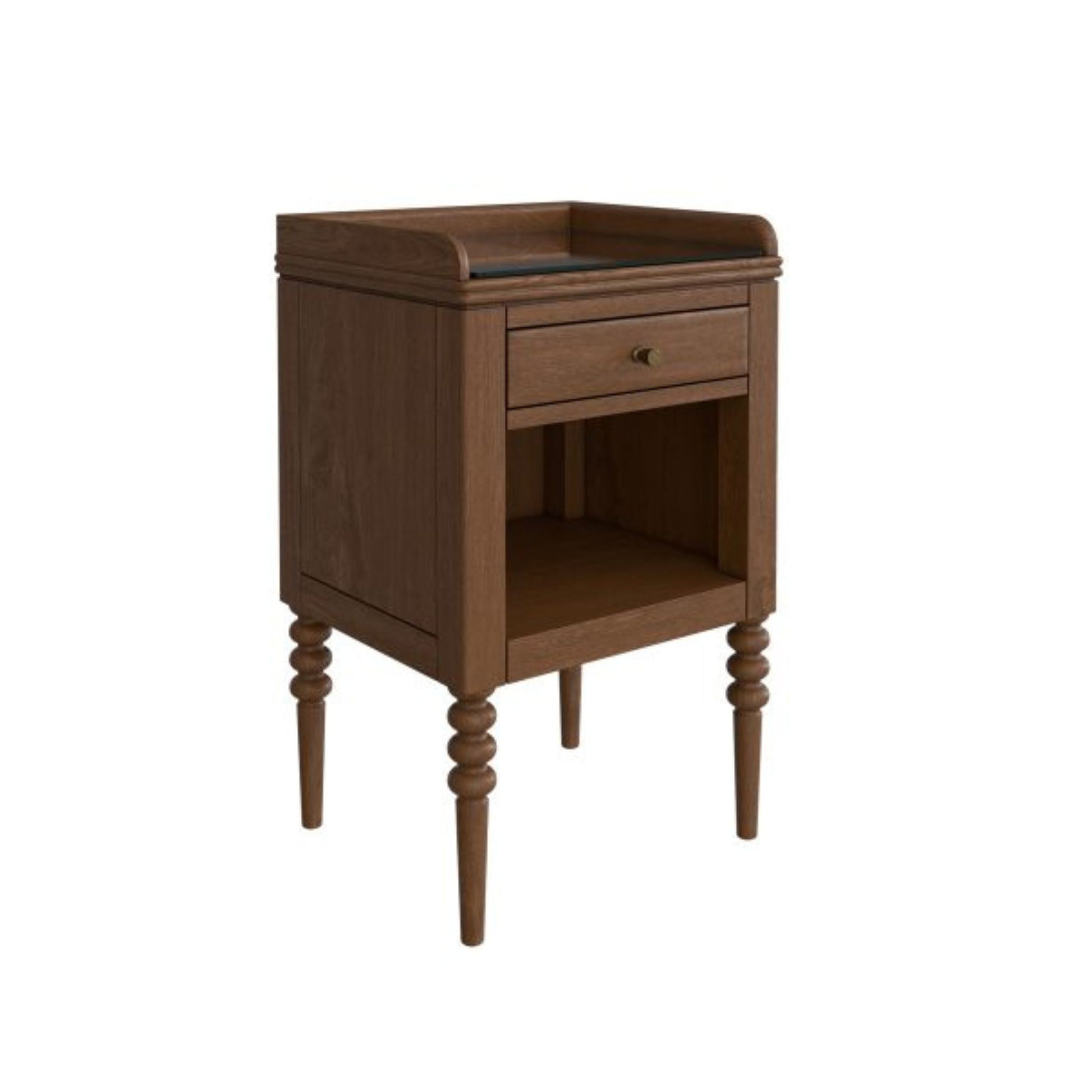 Wooden side table with a drawer on a white background