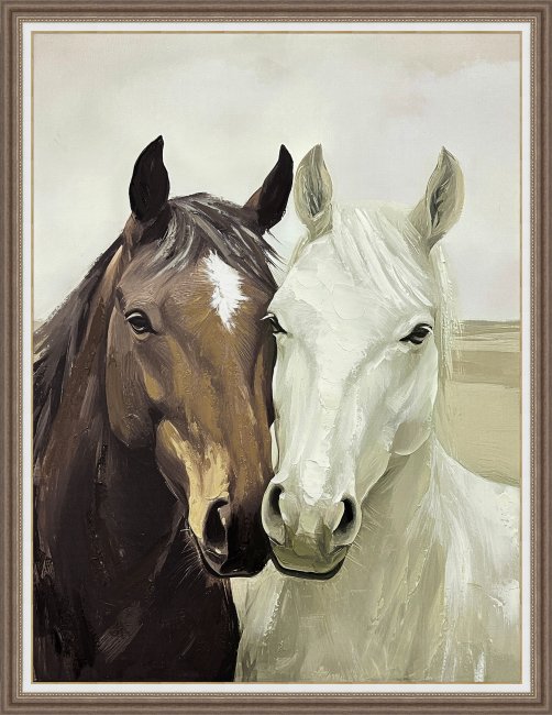 Hand Painted Picture Horse Buddies 50x70cm Brown Frame