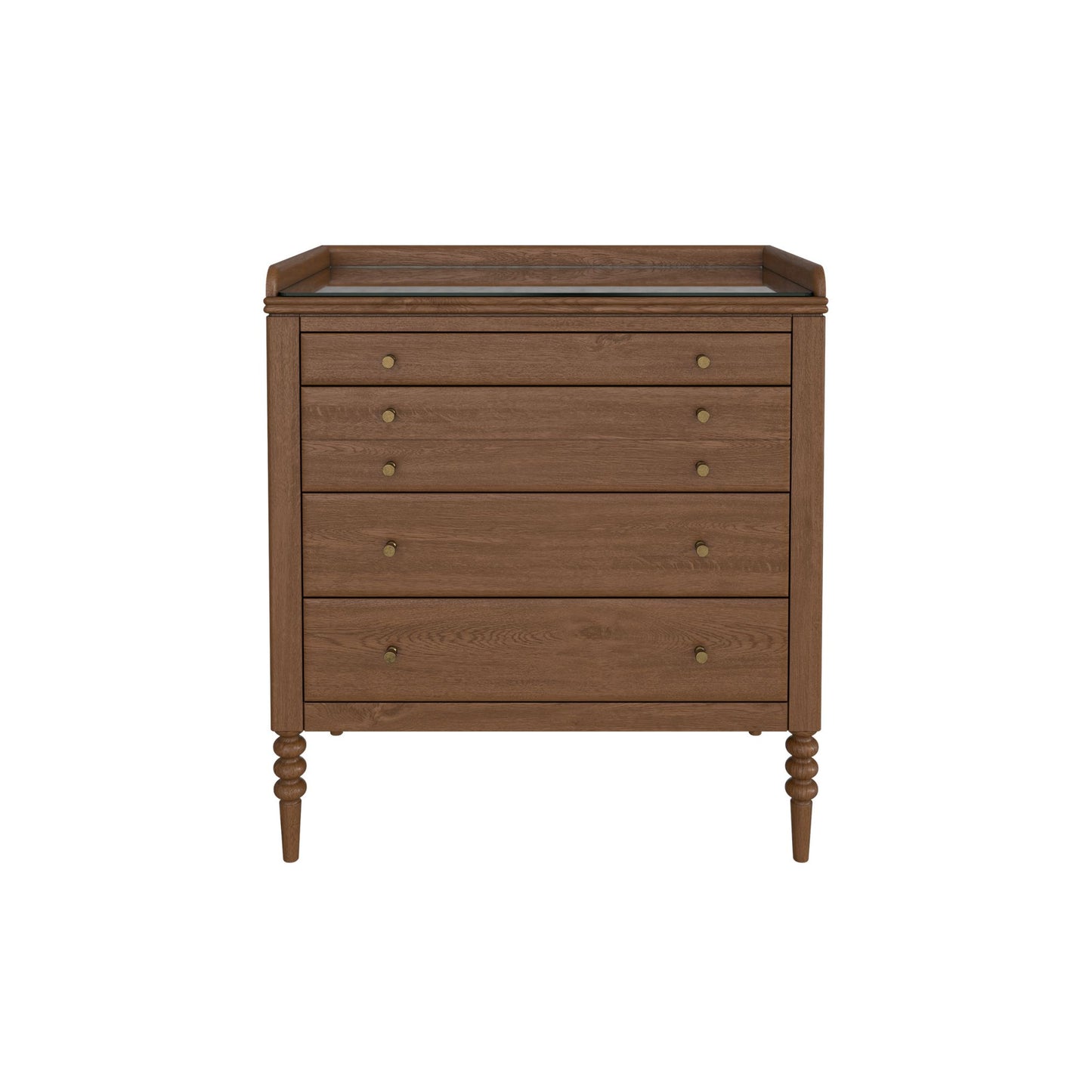 Wooden dresser with four drawers on a white background