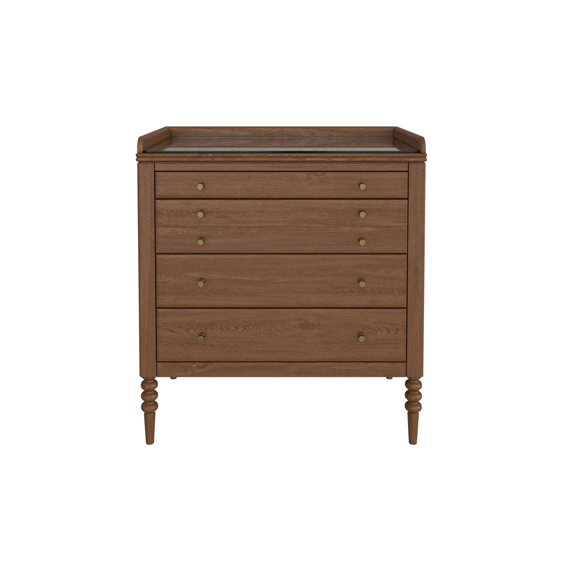 Wooden dresser with four drawers on a white background