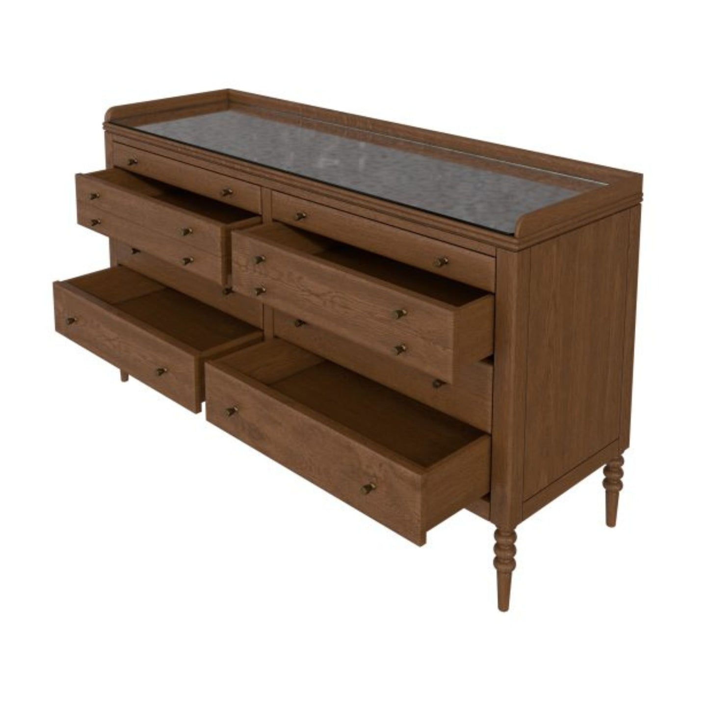 Wooden dresser with multiple drawers on a white background