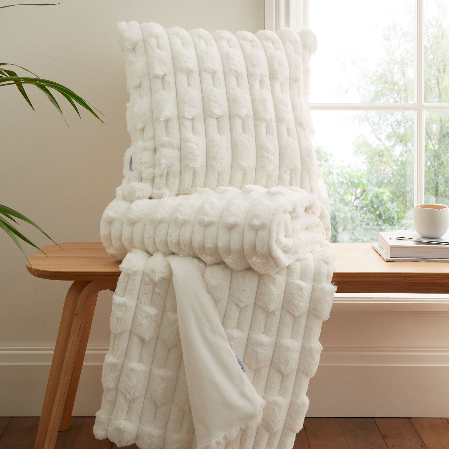 Carved Faux Fur Throw & Cushion Cream
