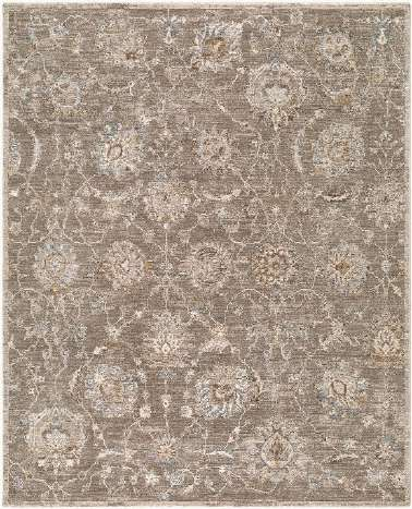 A square area rug with a distressed traditional floral pattern in muted taupe, beige, and light blue-gray tones.