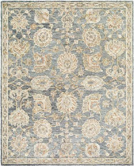 An area rug with a traditional floral and medallion pattern in muted blue, beige, and cream tones.