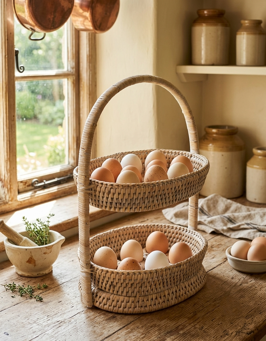 Decorative 2 Level Egg Basket - Natural White Wash