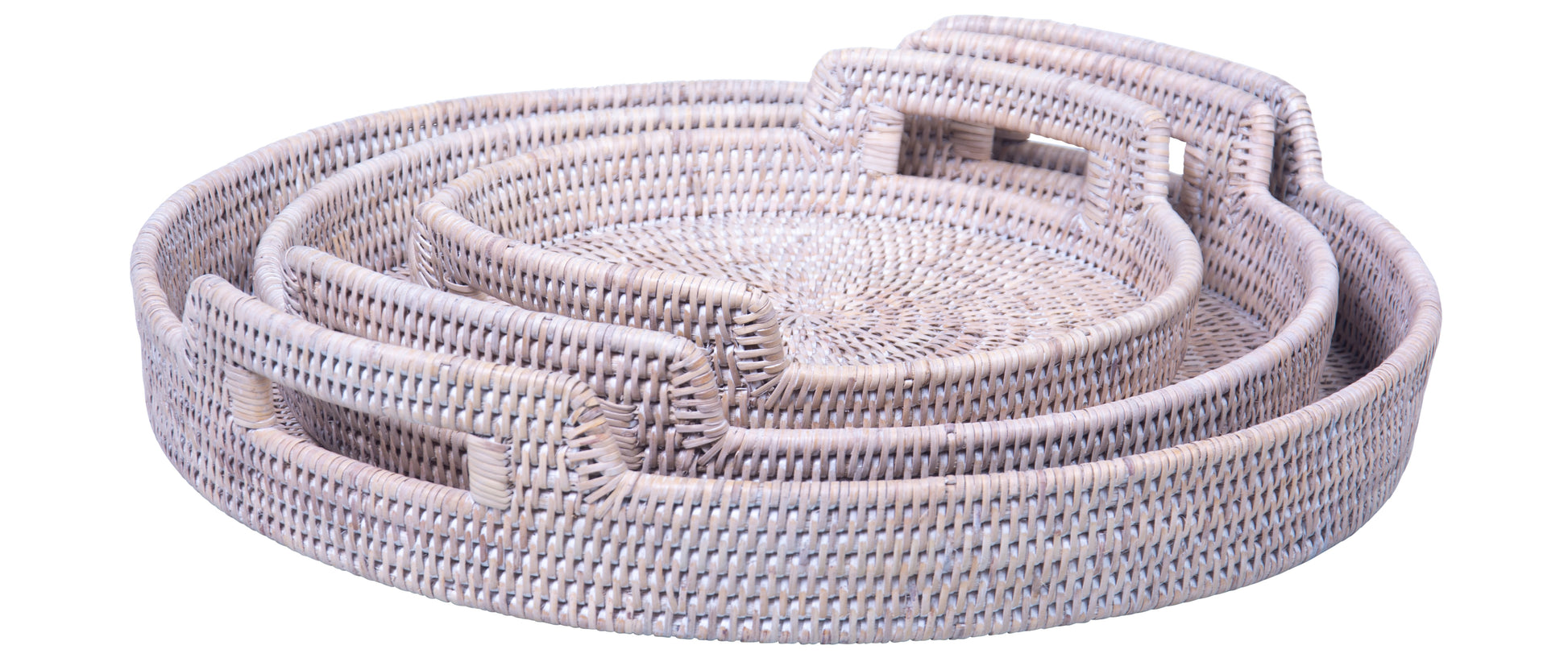 Set of 3 Rattan Round Trays with Handles - Natural Wash
