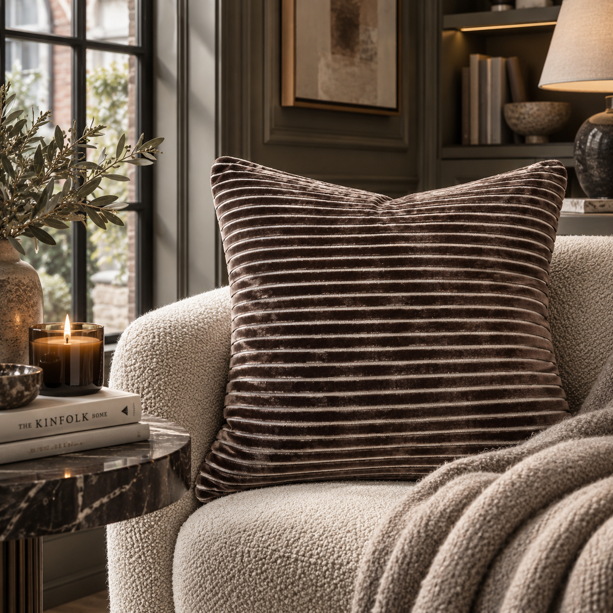 Amalfi Chocolate Velvet Cushion styled