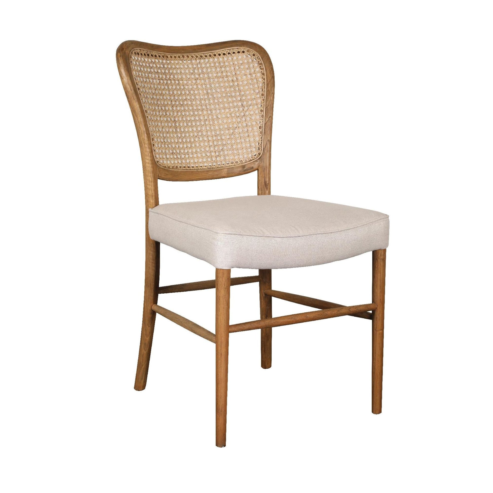 A dining chair with a natural linen upholstered seat pad and a wood finish. The back of the chair has a rattan weave design.