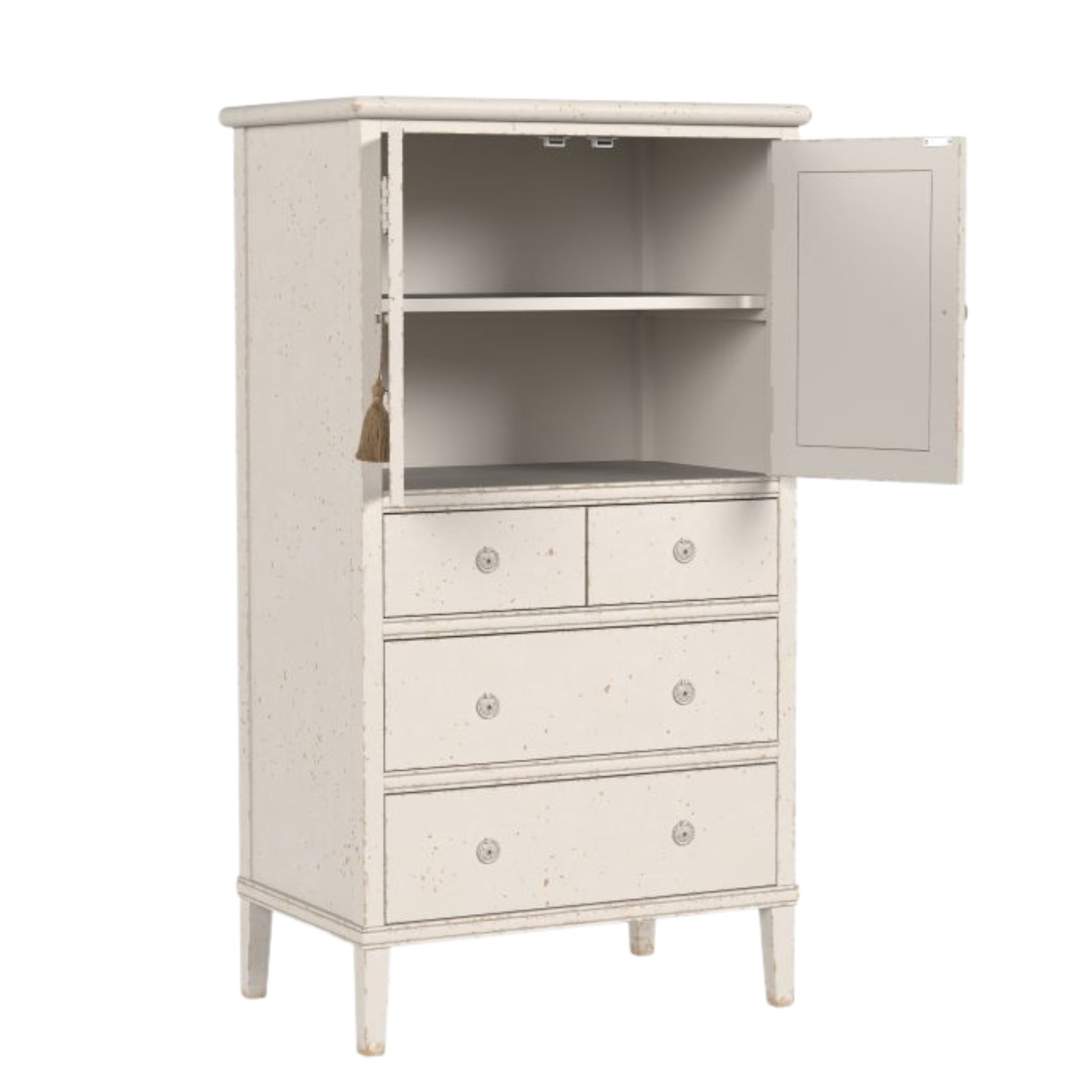 White wooden cabinet with open doors on a white background