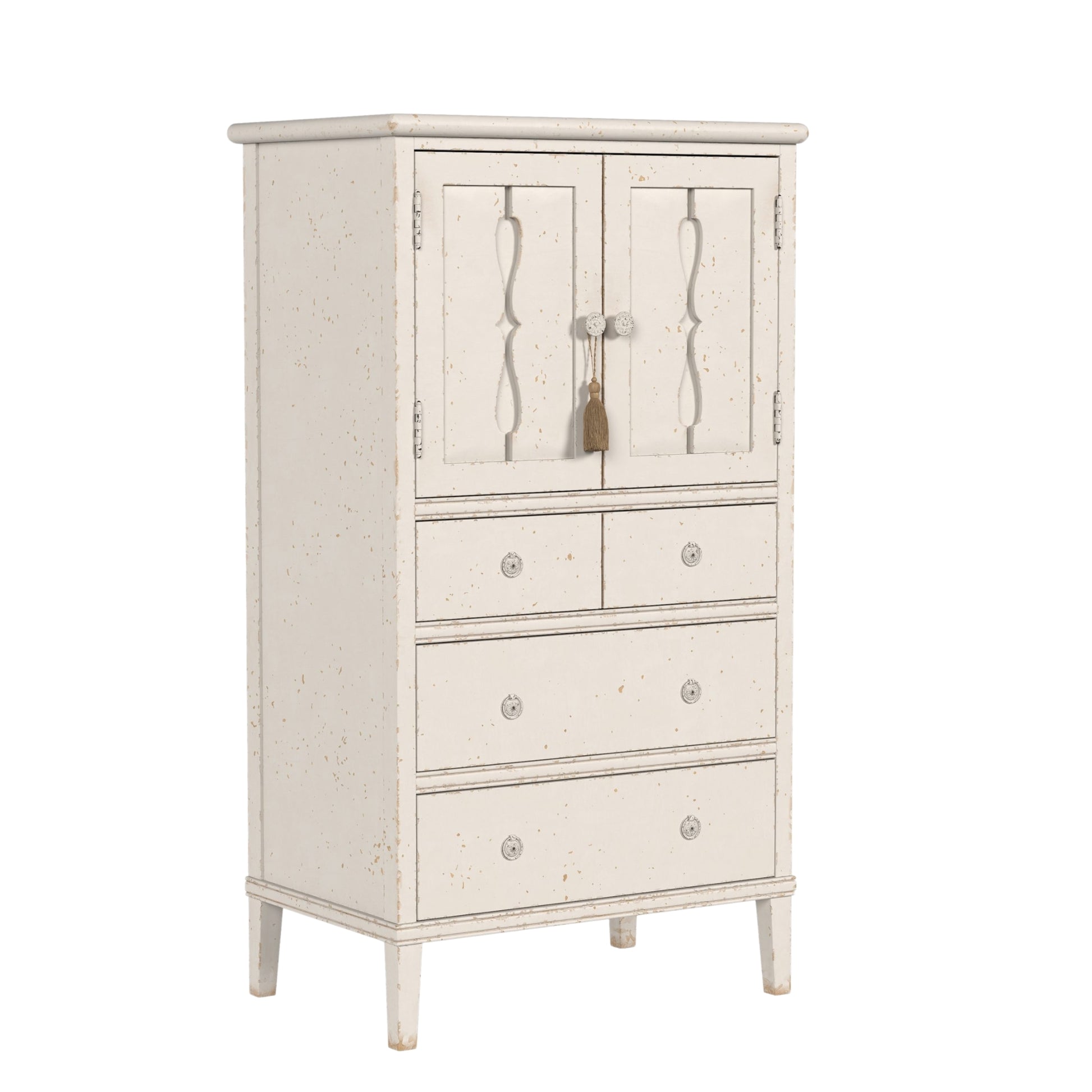 White wooden cabinet with glass doors and drawers on a white background