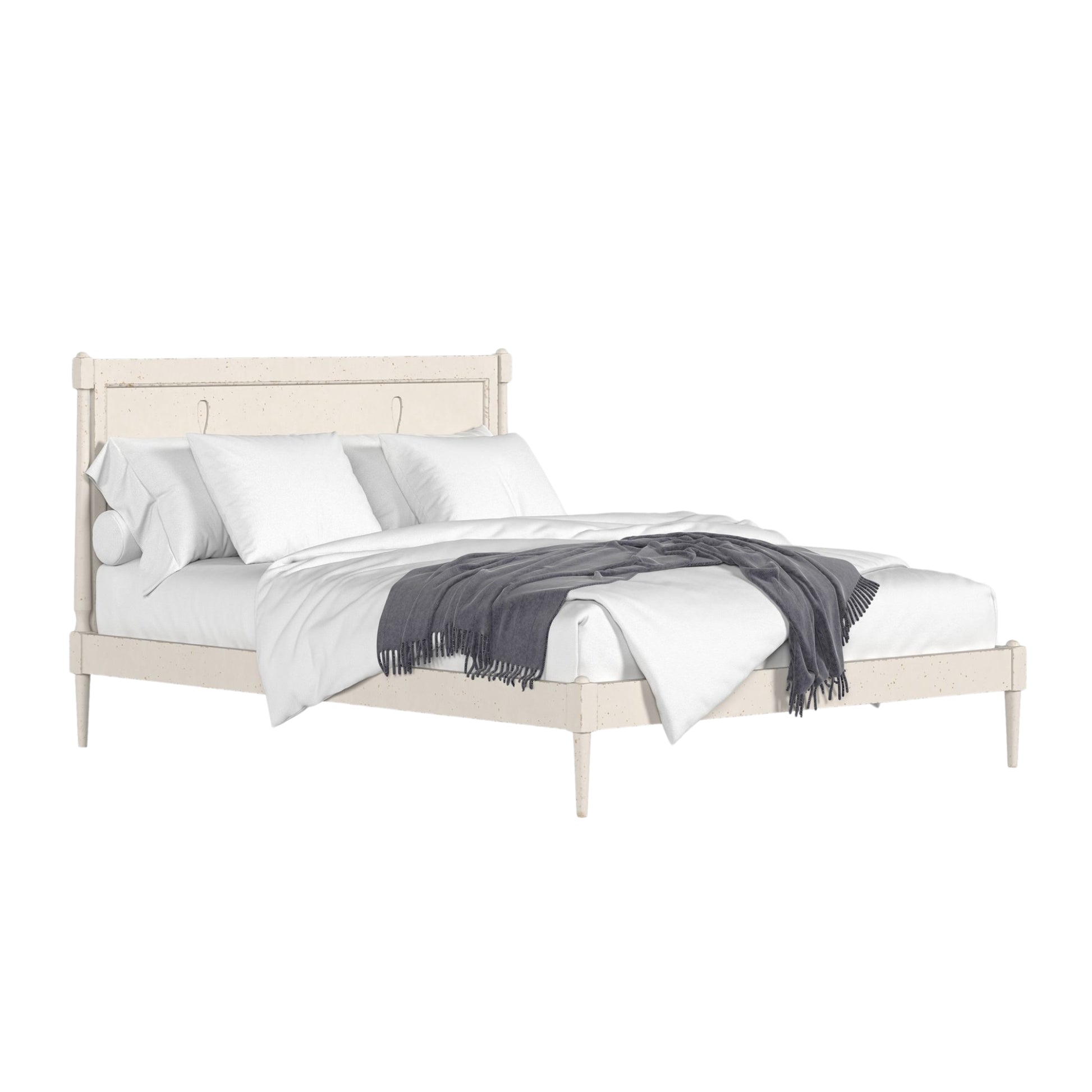 Bed with white bedding and a gray throw blanket on a white background