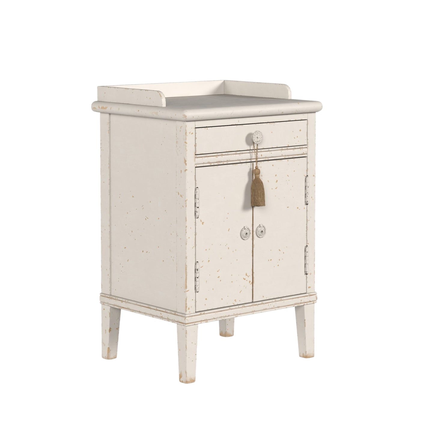 White distressed cabinet with a small drawer and door on a white background