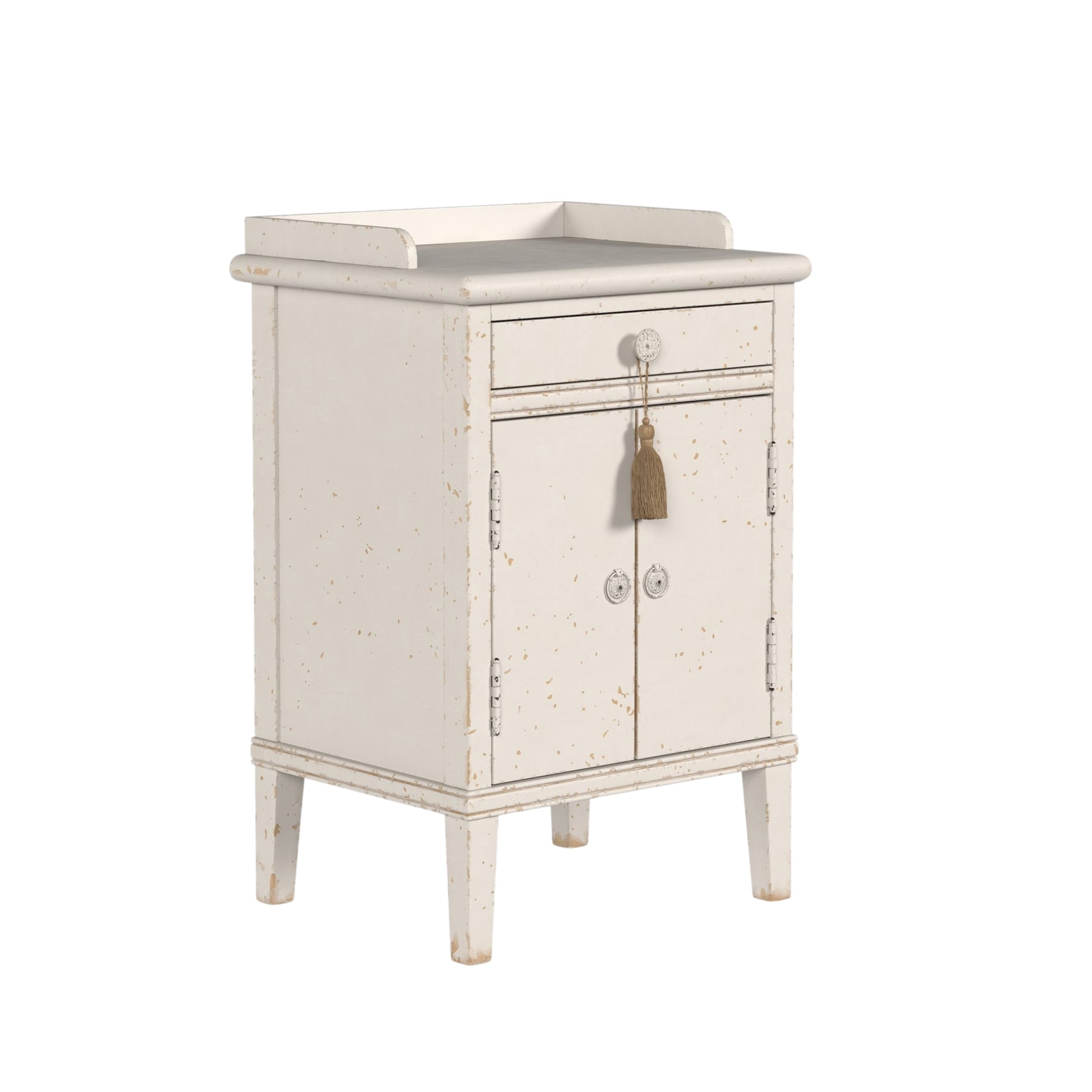 White distressed cabinet with a small drawer and door on a white background