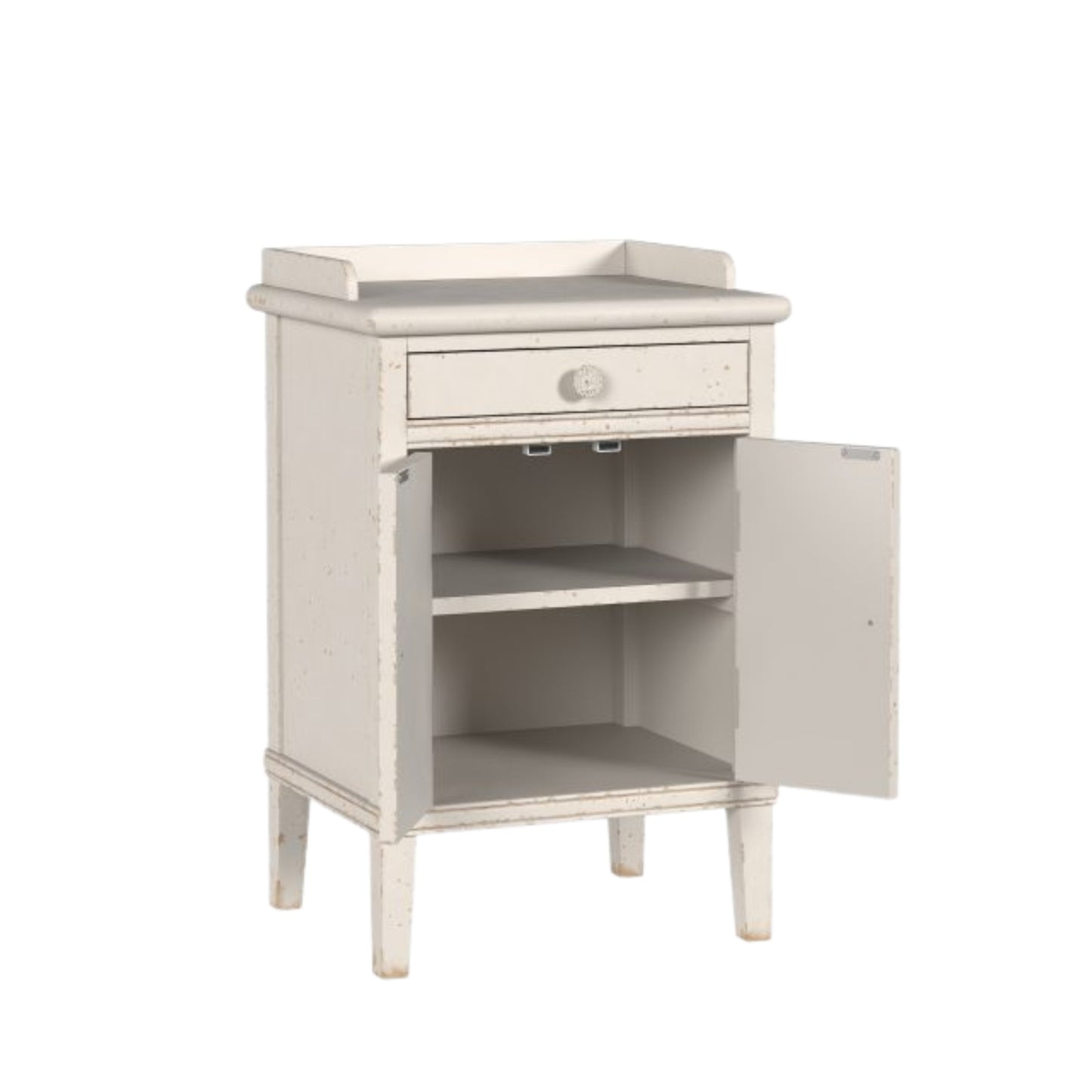 Small white cabinet with a drawer and open door on a white background