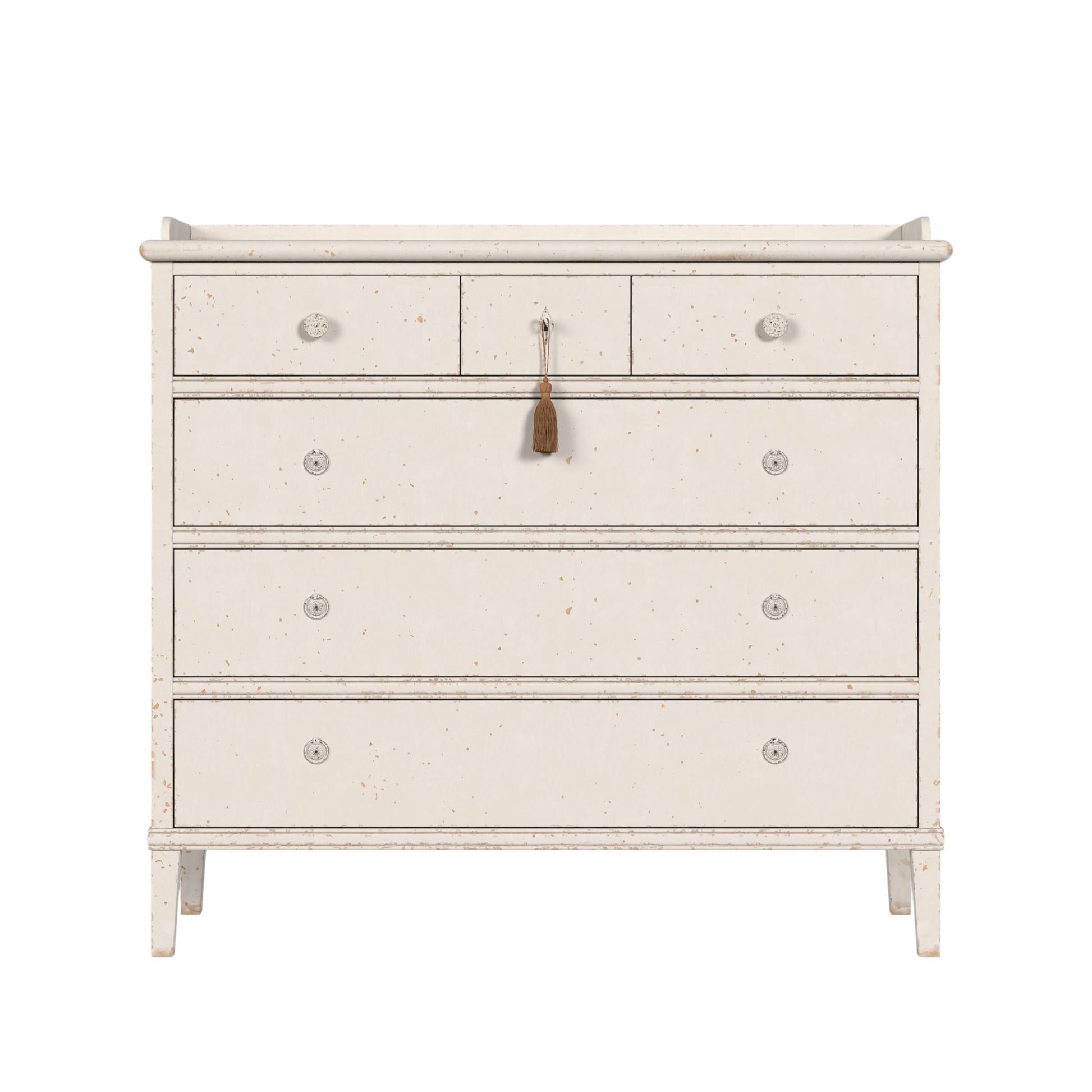 White distressed dresser with decorative elements on a white background