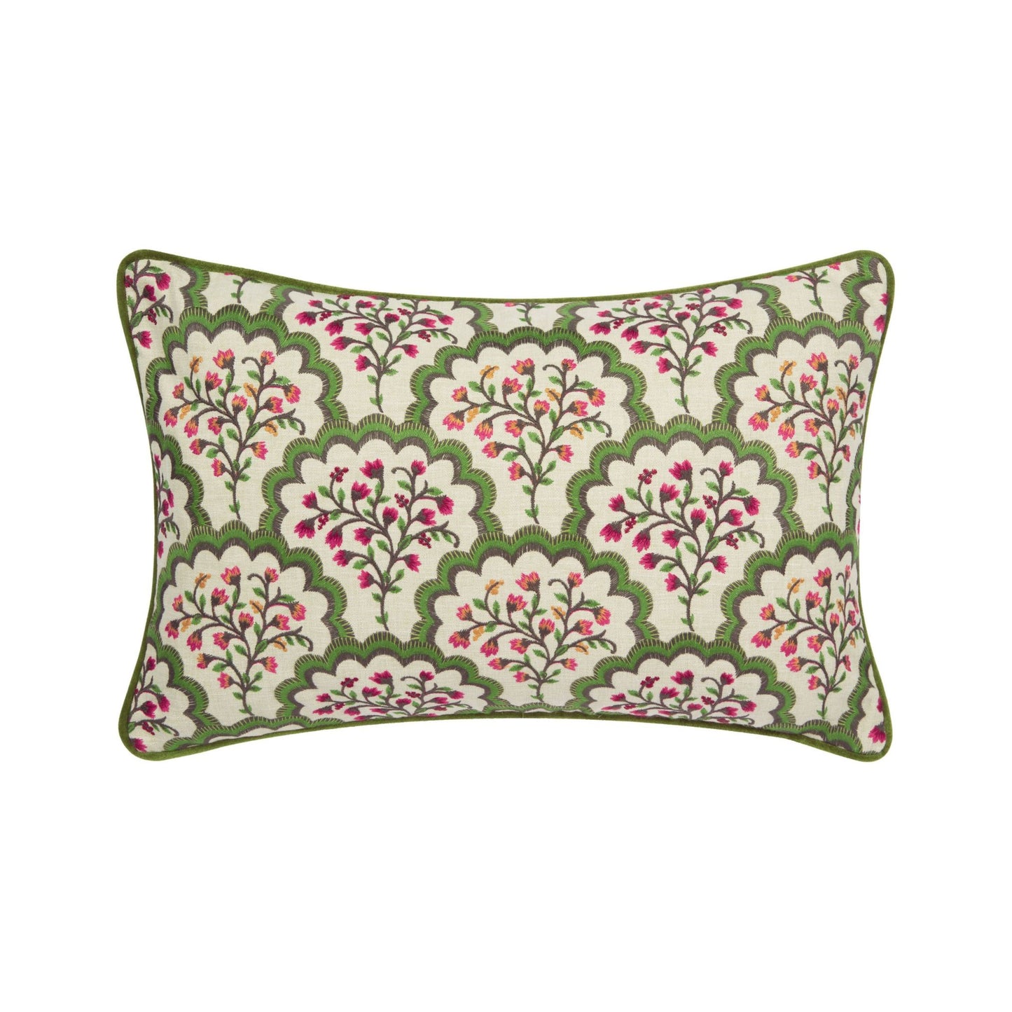 A rectangular cushion with a floral pattern in green, pink, and white colors, with a green piped edge.