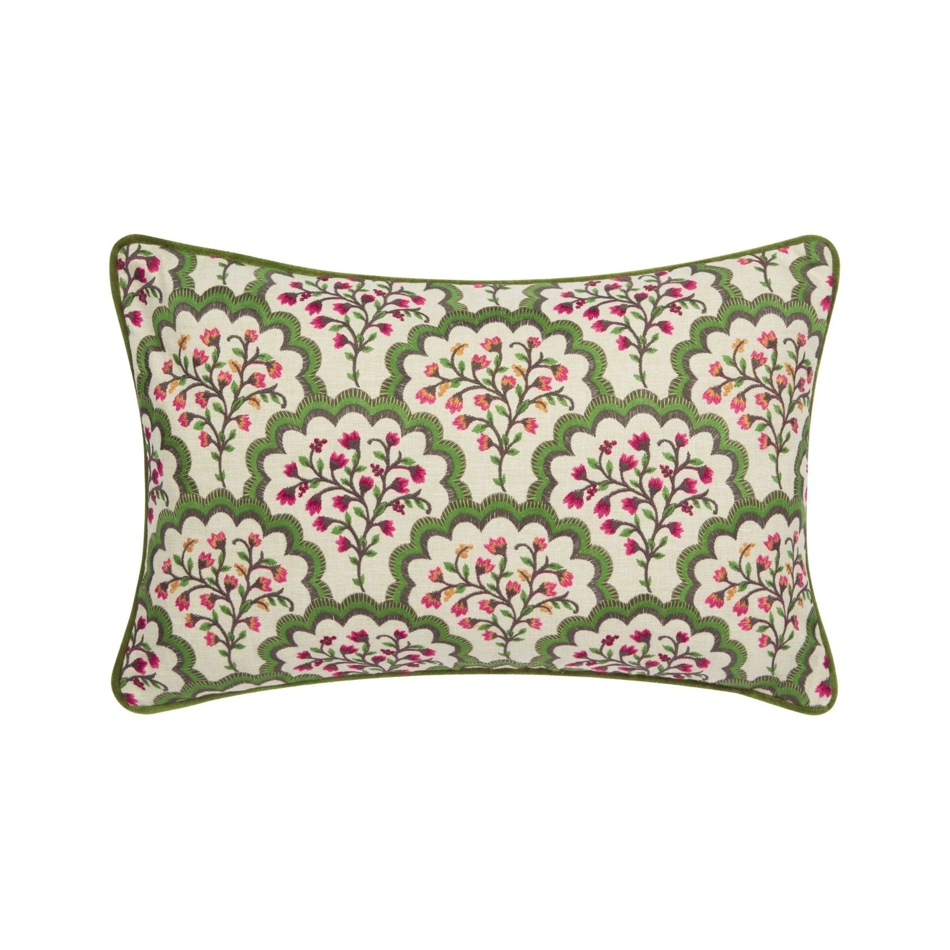 A rectangular cushion with a floral pattern in green, pink, and white colors, with a green piped edge.