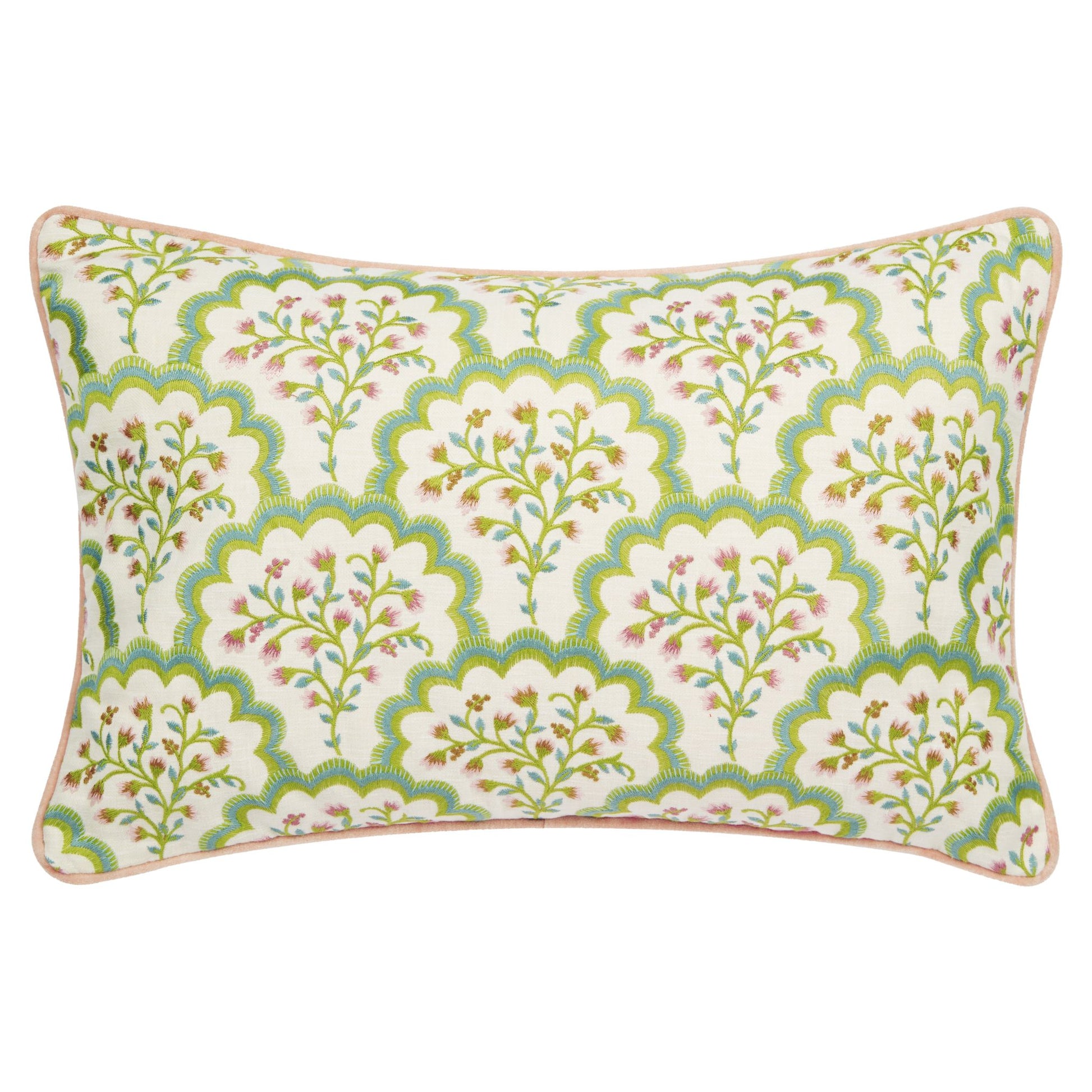 A rectangular floral cushion with a green, aqua, and pink pattern, piped with a green trim.
