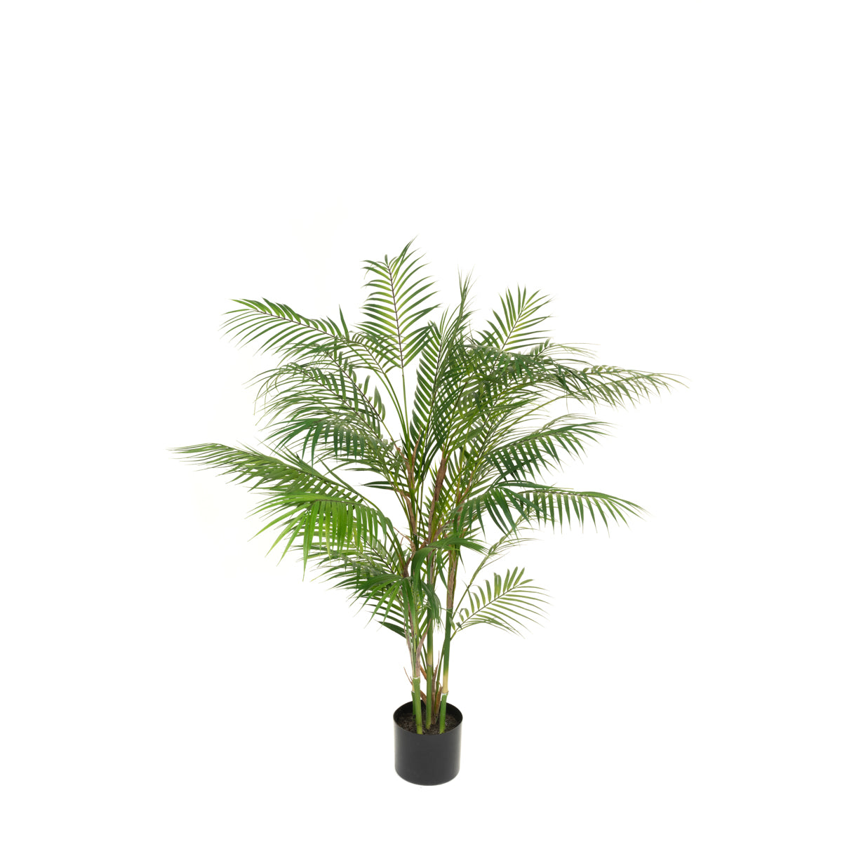A faux areca palm plant with vibrant green leaves in a black pot, designed for indoor decoration.