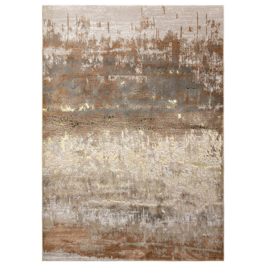A modern abstract design area rug with metallic gold accents.