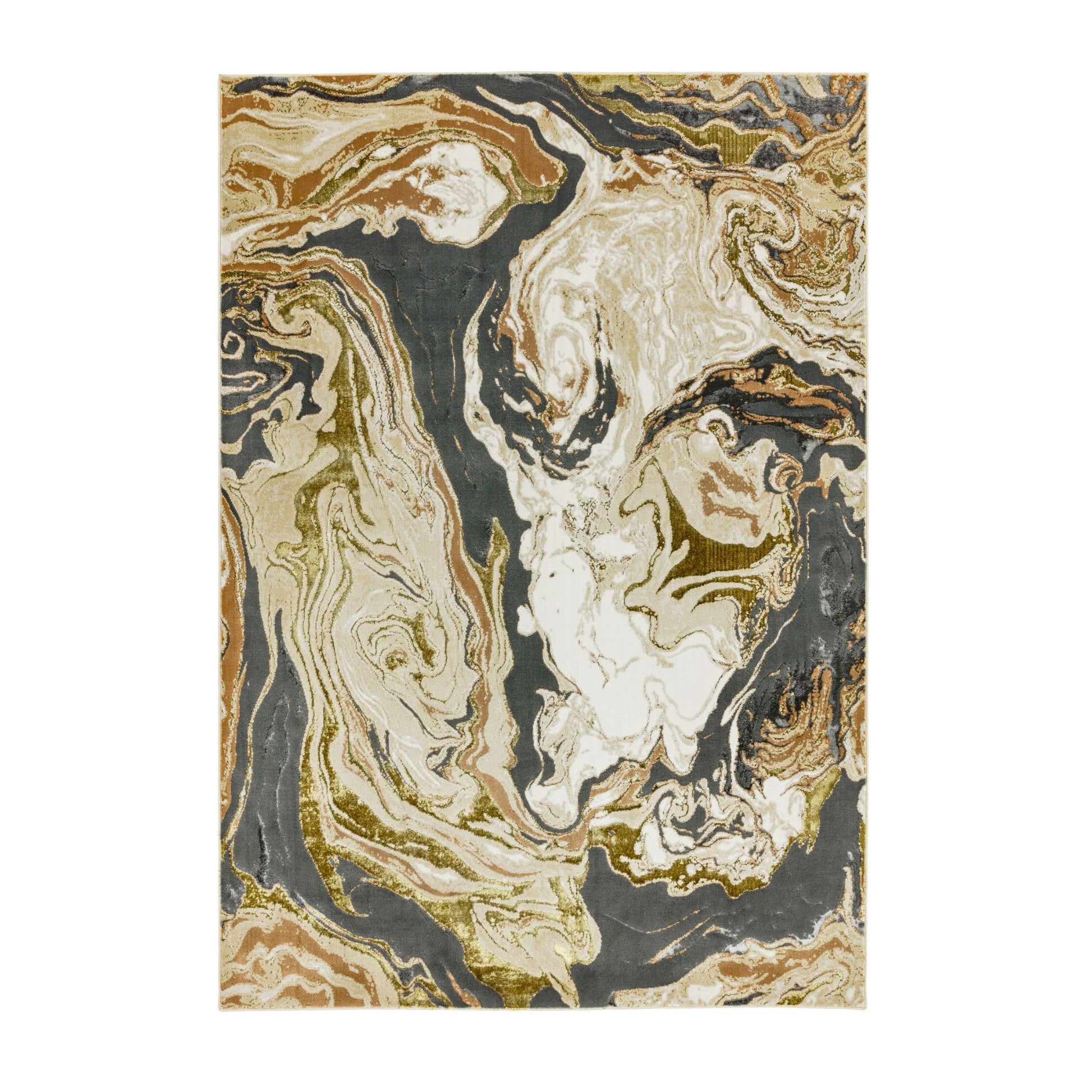 An abstract design area rug with metallic gold accents