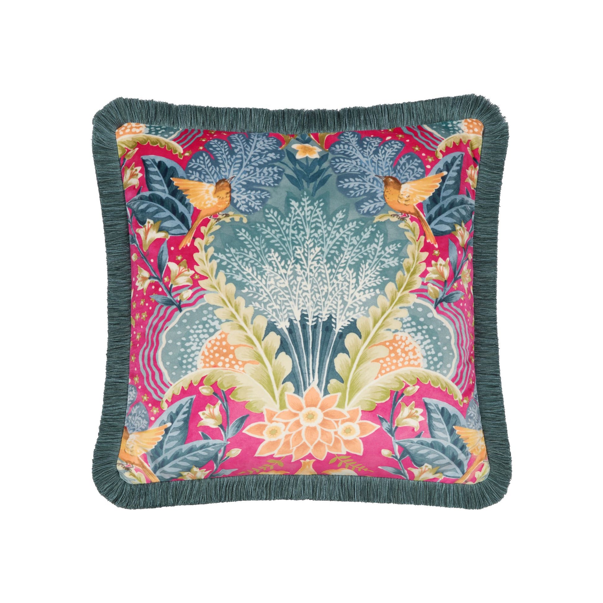 A square-shaped Babooshka cushion with a hot pink background and a floral pattern featuring birds. It has a blue green fringe around the border.