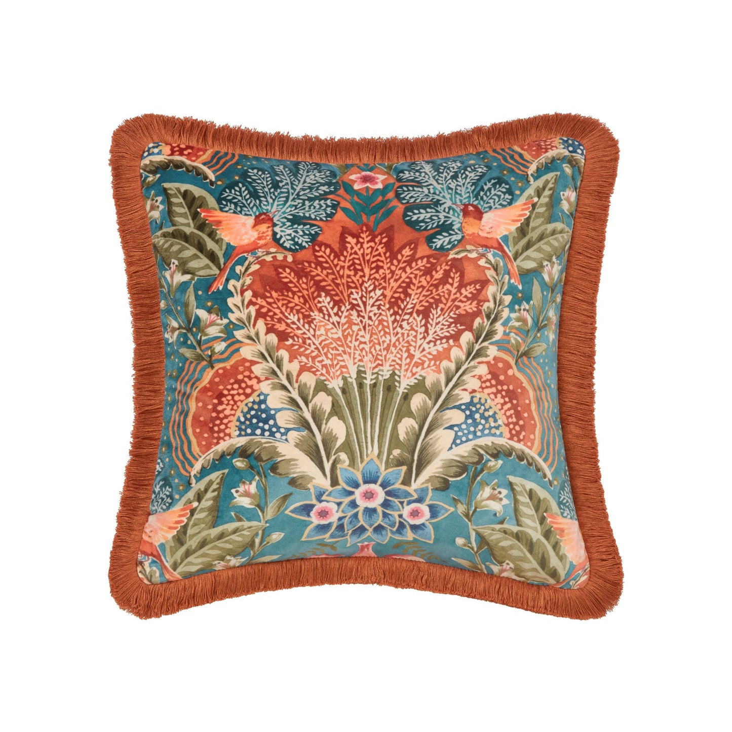 A square-shaped Babooshka cushion with a teal background and a floral pattern featuring birds. It has a burnt orange fringe around the border.