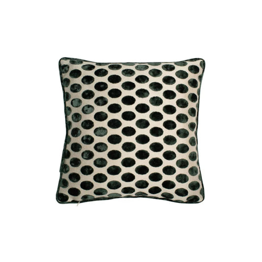 A square-shaped cushion with a deep green velvet polka dot pattern on a natural beige background, accented with green piping.
